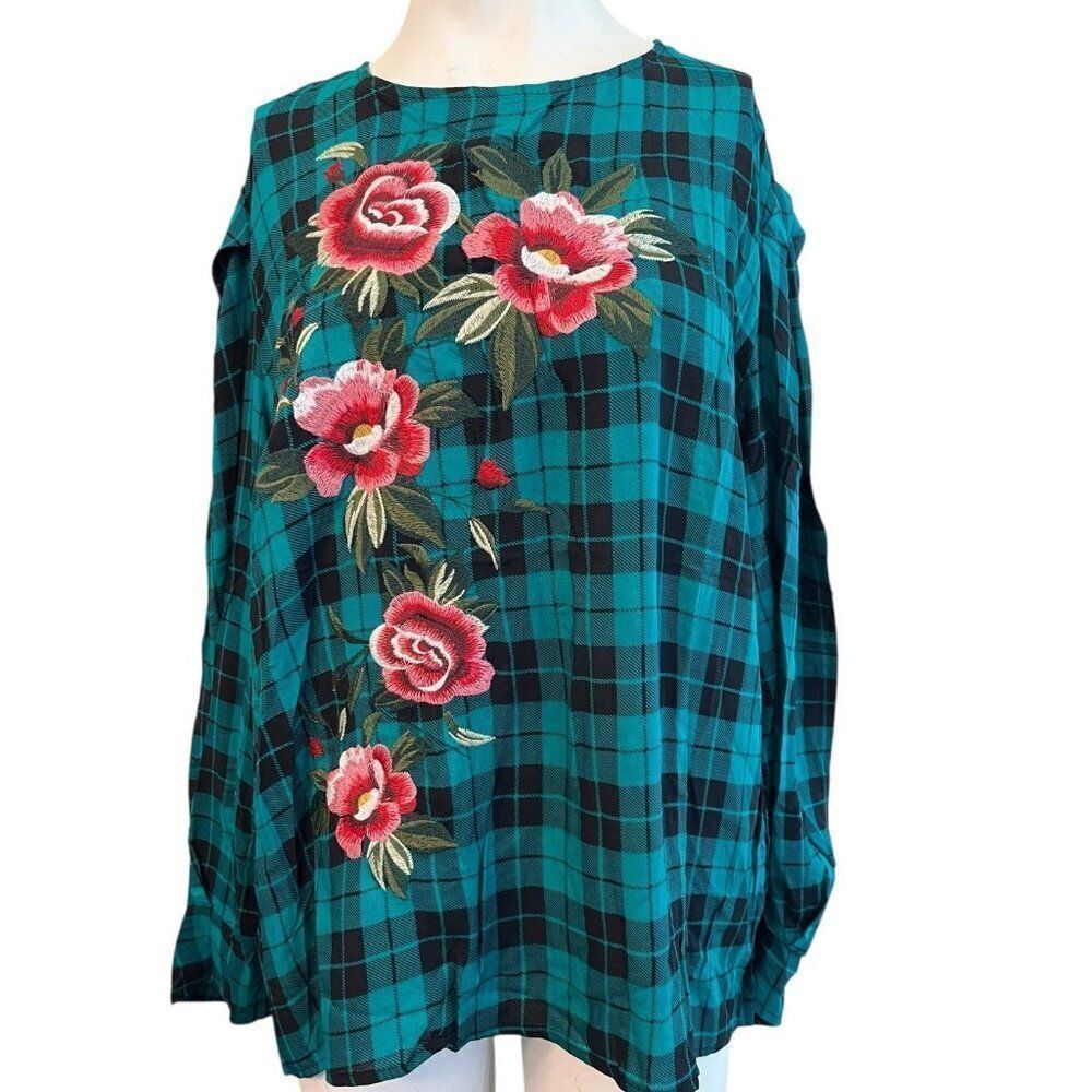 Umgee Womens Large Green Plaid Embroidered Floral Boho Long Sleeve NWT - Picture 1 of 5